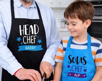 Ensemble de tabliers personnalisés pour père et enfant – Tabliers de cuisine assortis pour la fête des pères, cadeau d'anniversaire d'un papa