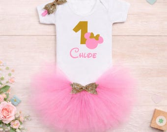 Personalised 1st Birthday Tutu Outfit – Minnie Inspired Bodysuit, Handmade Tutu Skirt & Hair Bow