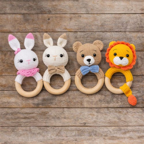 Sonajero de crochet hecho a mano con forma de animal, regalo para baby shower para niño o niña.