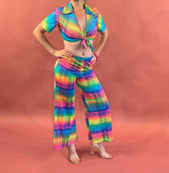 Pool Outfit Rainbow Swimwear Crop Top 1970's Loung