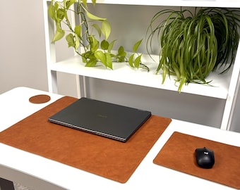 Brown "Cognac" Leather Desk Set (Desk Pad, Mouse, 3 coasters)