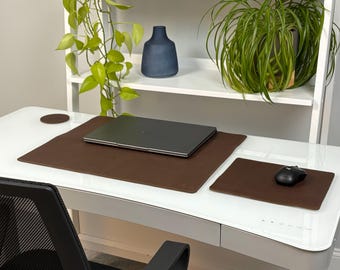 Dark "Seahide" Brown Leather Desk Set (Desk Pad, Mouse pad, 3 Coasters)
