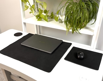 Black Leather Desk Set--1 large Desk Pad, 1 Mouse pad, 3 coasters