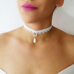 Pearl dangling lace necklace,Gift For Women Handmade Lace Choker Fringe Choker Bridal Choker Bridal Necklace Bridal Jewelry Bridal Accessory