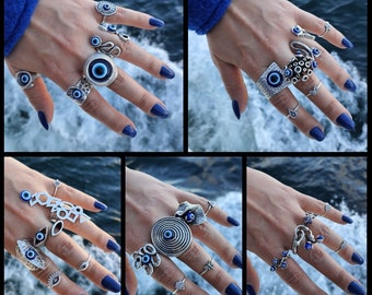 Blue evil eye cute silver rings Evil Eye Jewelry Stackable Ring Protection ring Blue evil eye, Boho jewelry Good luck rings Blue boho rings
