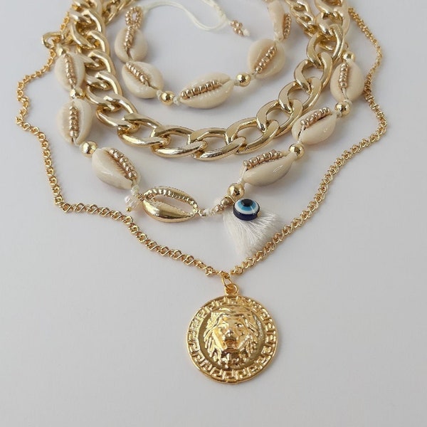 Dagelijkse ketting, gouden zeeschelp, boze oog ketting, gelaagdheid ketting, zomer sieraden, sierlijke ketting, oog ketting,cadeau voor haar