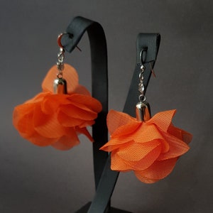 Orange Chiffon Flower Earrings: Silver Dangle Statement Earrings