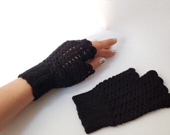 Hand Knitted Black Cotton Fingerless Gloves: Steampunk Style - Etsy