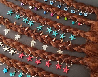 Turquoise star hair rings hammered hair rings set Red hair braid rings Festival jewelry Gift Set of 10 pcs hair rings bohomila braid rings