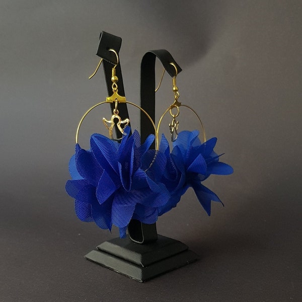 Navy blue floral earring Medium gold hoop earring Floral gold hoop earring Navy blue earrings Navy blue bridesmaid gift Gold angel earrings