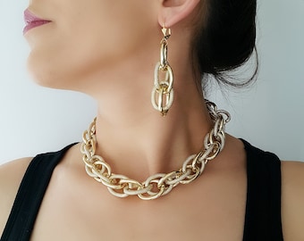 Bold Gold Chain Choker Necklace & Long Drop Earrings Set