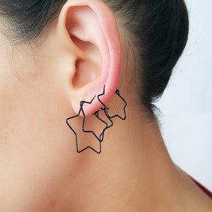 A Set of 3 Black Hoops, Huggie Hoop Earrings,Tiny Black Star Hoop Earrings,Star hoop, Gold Star Hoop,Silver Star Hoop,Star earring,Tiny gold