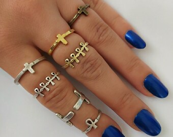 Sideways Cross Ring Silver Plated, Adjustable Christian Ring, Faith Religious Stacking Jewelry, Baptism Gift