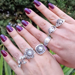 Pearl Silver Band Ring With Chunky Ring Pearl Thick Ring Wide Ring Big Round Ring Geometric Style With Pearl Statement Rings Adjustable Ring