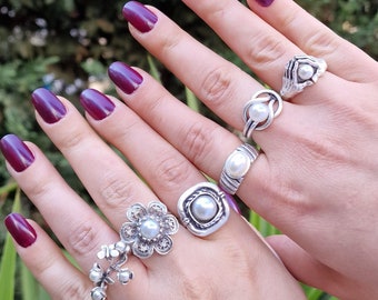 Colección de anillos Boho de perlas bañadas en plata, anillo de perlas geométrico floral antiguo, anillo de perlas llamativo, regalo de joyería ideal para ella.