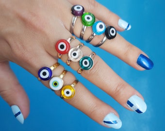 Adjustable Evil Eye Ring: Gold Plated Brass, Boho Jewelry