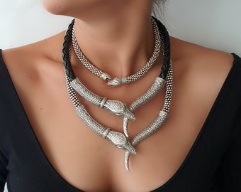 Silver Snake Bead Choker Necklace: Gothic Serpent Jewelry