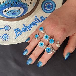 Blue Evil eye rings Unique evil eye Glass evil eye ring Silver Adjustable ring Evil eye jewelry Protection rings Dome rings Dainty ring