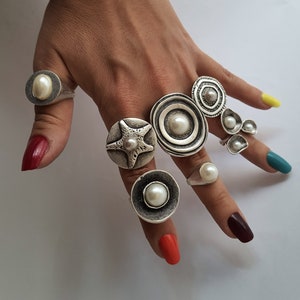 Bohemian pearl ring Big ring Star rings Adjustable pearl rings Stylish ring Geometric big ring Wide ring  Big round ring asymmetrical ring