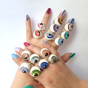 Ceramic Evil Eye Ring Lucy Rings Dainty evil eye ring Evil eye jewelry Protection ring Adjustable ring Blue evil eye Boho dome evil eye image 1