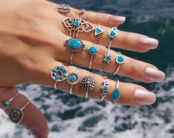 Turquoise ring, Geometric ring, Silver ring Boho Ring  Stackable midi knuckle rings,Turquoise ring,Bohemian stackable ring,Minimalist ring