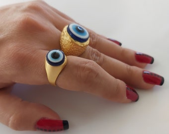 Gold Plated Evil Eye Ring: Adjustable Good Luck Ring