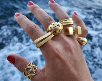 Geometric gold stylish ring Statement 14kt gold chunky rings Bold dome gold ring Parallel gold ring Simple big gold ring Stackable gold ring