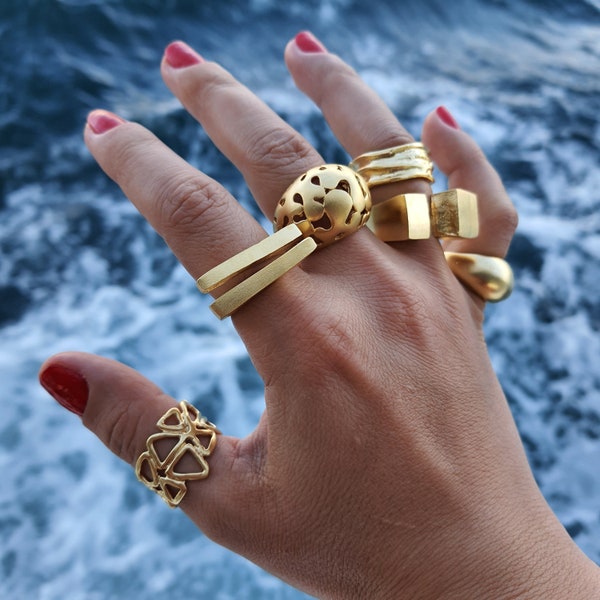 Geometric gold stylish ring Statement 14kt gold chunky rings Bold dome gold ring Parallel gold ring Simple big gold ring Stackable gold ring