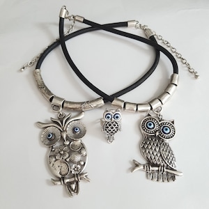Owl necklace Leather owl pendant Silver owl choker Adjustable Big owl necklace Evil eye owl necklace Evil eye choker Boho owl evil choker