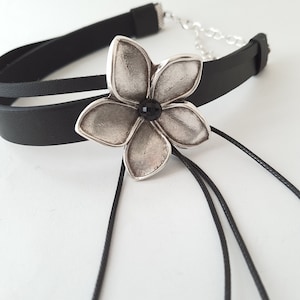 Floral pendant black choker necklace Double leather choker  Black collar Layered choker Wrap choker Day Black wide choker  collar  jewelry