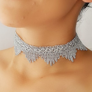 Silver lace choker Silver Choker, Patterned Choker Necklace, Bohemian Tattoo Choker, Boho Jewelry, Layering Necklace, Silver Lace Ribbon