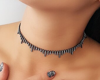 Dainty Rhinestone Choker - Diamond Choker - Crystal Choker Necklace - Bohemian Jewelry - Dainty Necklace - Dainty Jewelry / Black Choker