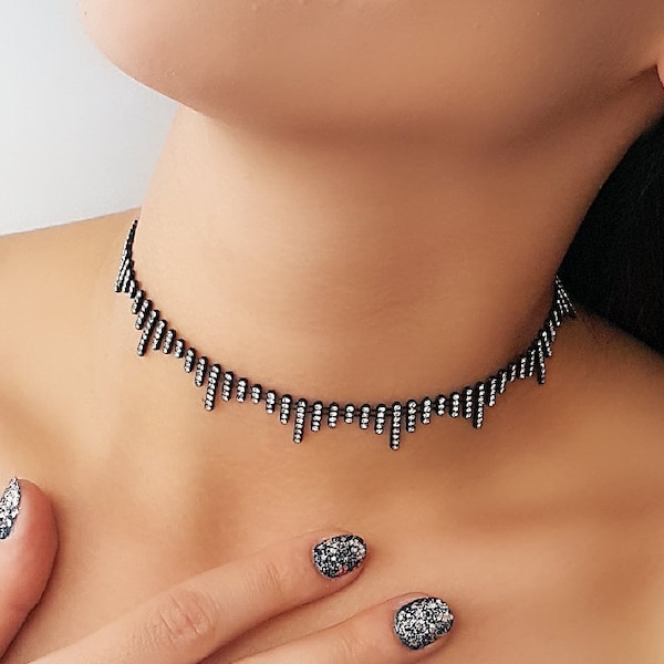 Dainty Rhinestone Choker - Diamond Choker - Crystal Choker Necklace - Bohemian Jewelry - Dainty Necklace - Dainty Jewelry / Black Choker