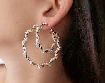 Pearl Hoop Earrings, Big Hoop Earrings, Hoop Earrings, Quality Pearl Earrings, Gold Hoops, Classic Chic, Pearl Earrings,Large Pearl Hoops