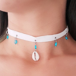 Cowrie and evil eye choker necklace, Evil eye choker necklace, Sea Shell Choker, Cowry Kauri Shell, Ibiza Necklace, Cowrie Shell Choker