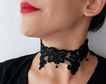 Victorian Pearl Choker,Black Lace Choker,Thick Choker Necklace,Wide Black Lace Choker,Dramatic,Romantic,Sexy Black Choker, Love, Jewelry