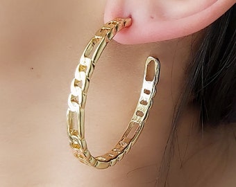 Medium & Dainty Chain Shaped Huggie Hoop Earrings,      Chain hoop and stud earrings