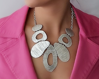 Silver Geometric Bib Necklace: Boho Tribal Statement Jewelry