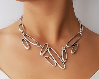 Silver Geometric Bib Necklace: Boho Statement Choker