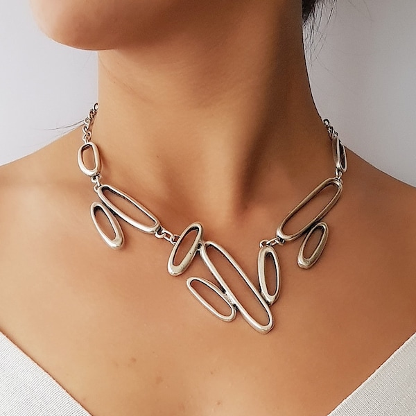 Geometric necklace, Silver boho choker necklace, Statement necklace, Bohemian necklaces, Boho jewelry, Boho necklace, Silver ethnic bib