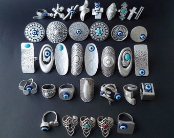 Antique Silver Plated Evil Eye Ring: Adjustable Boho Statement Jewelry