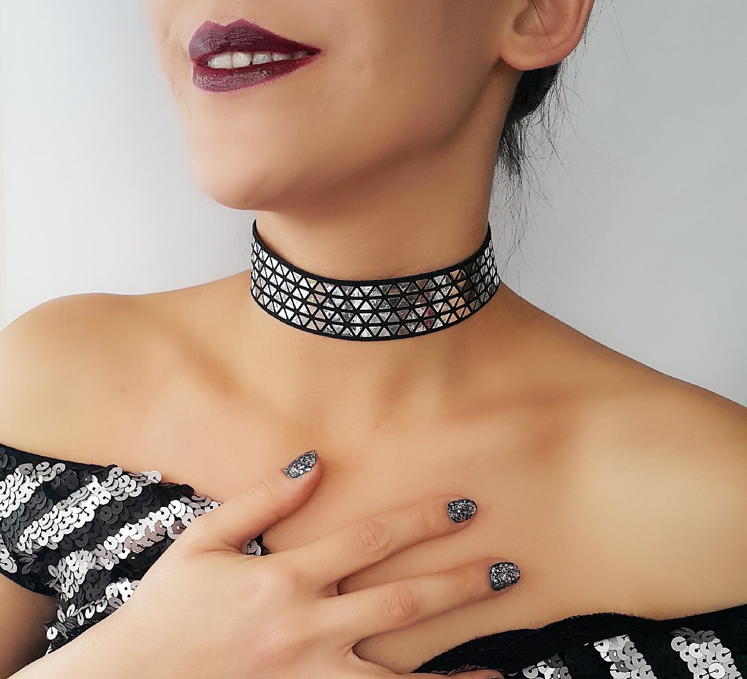Silver Holographic Choker Necklace mirror Choker black Thick Choker party Choker music Festival Hippie Jewelry Gothic Holographic Party Etsy