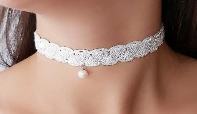 Collana Girocollo In Pizzo Bianco Con Perle E Nappe – Gioiello Vintage Fatto A Mano Per Donna - 4