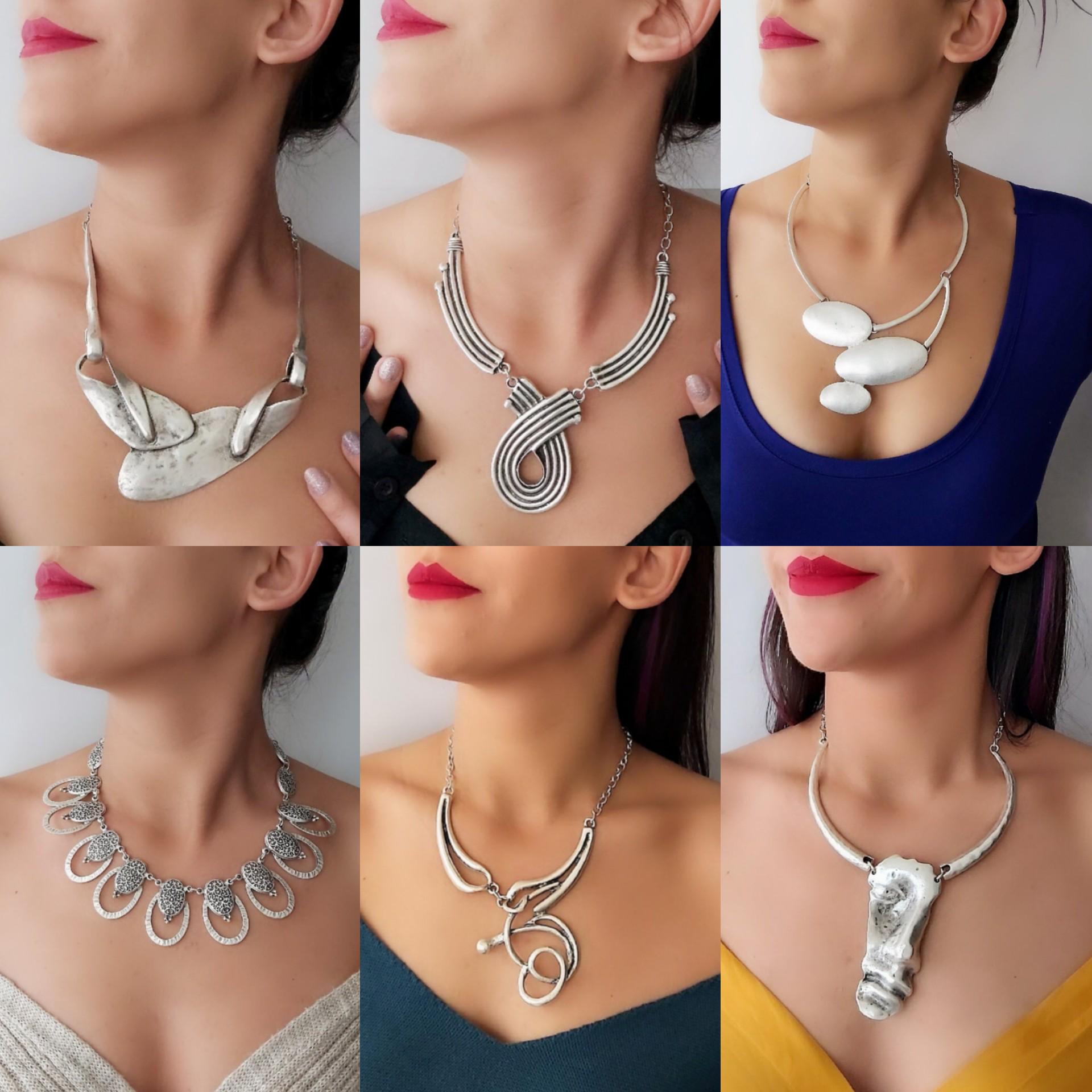 Large Silver Chunky Necklace Modernist Jewelry Bohomila