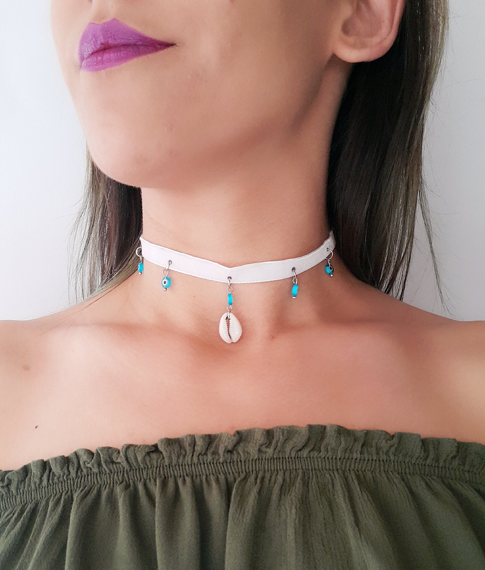 Cowrie und bose Auge Choker Halskette Evil Eye Choker Halskette Sea Shell Choker Cowry Kauri Shell Ibiza Halskette Cowrie Shell Choker Etsy