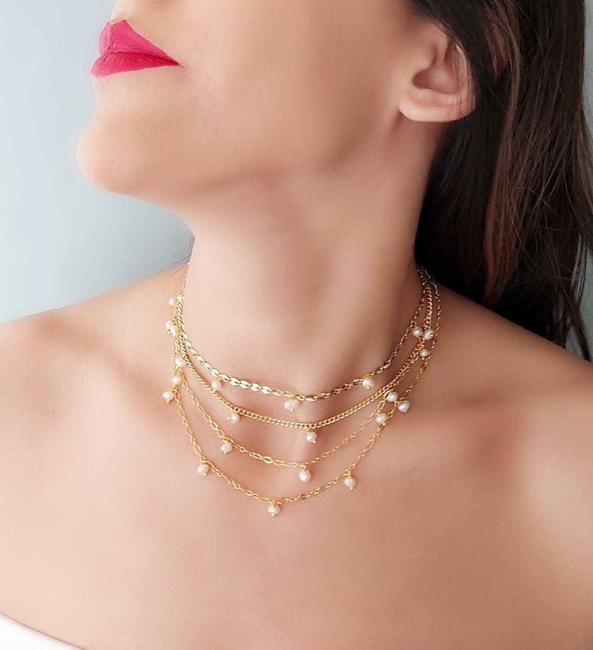 Collana Di Perle Girocollo Placcato Oro 14k Delicata A Strati Per Donna E Ragazza
