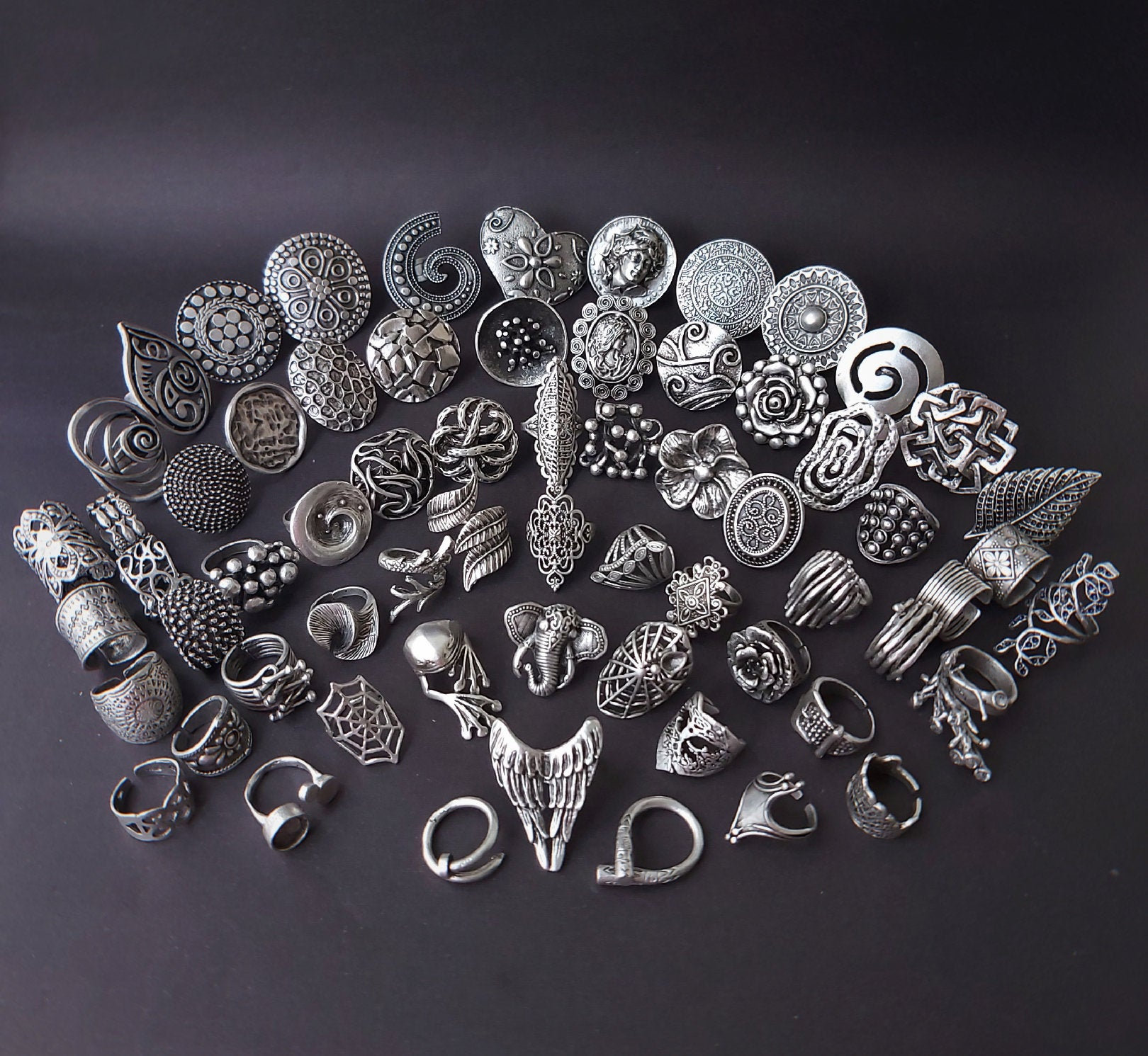 Oxidized Silver Mandala Ring, Adjustable Boho Statement Ring