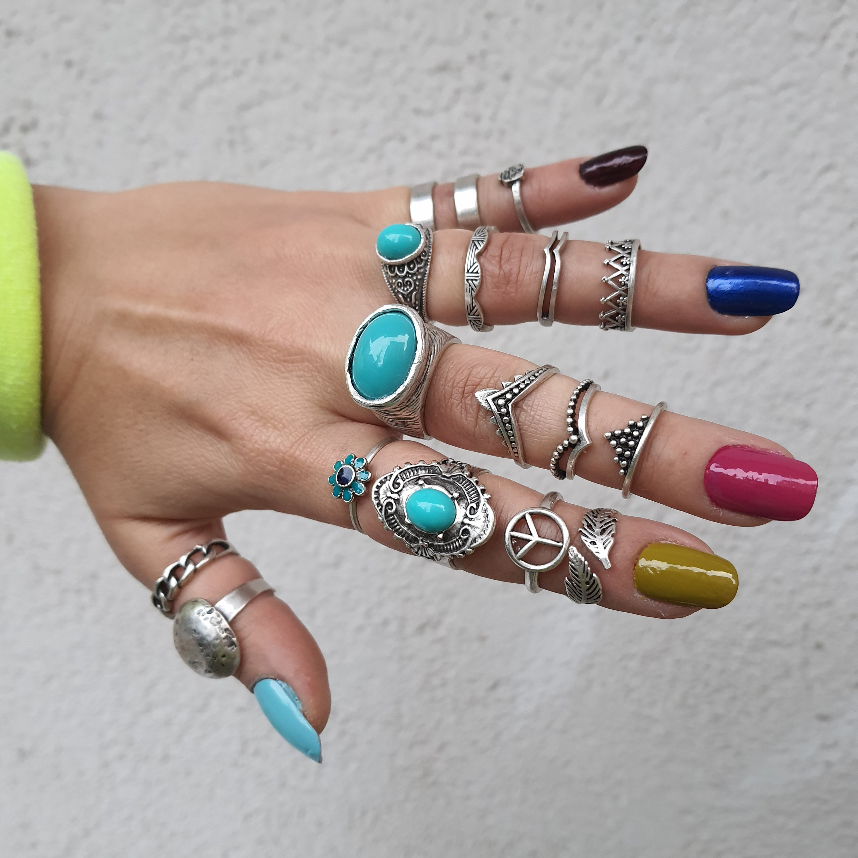 Bague Ajustable Style Bohème Avec 3 Turquoises – Look Argent Vieilli – Z09
