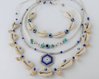 Evil eye necklace, Silver evil eye, Good luck gifts,Shell necklace, Seashell necklace, Seashell anklet, Blue evil eye,Sumer jewelry,Seashell