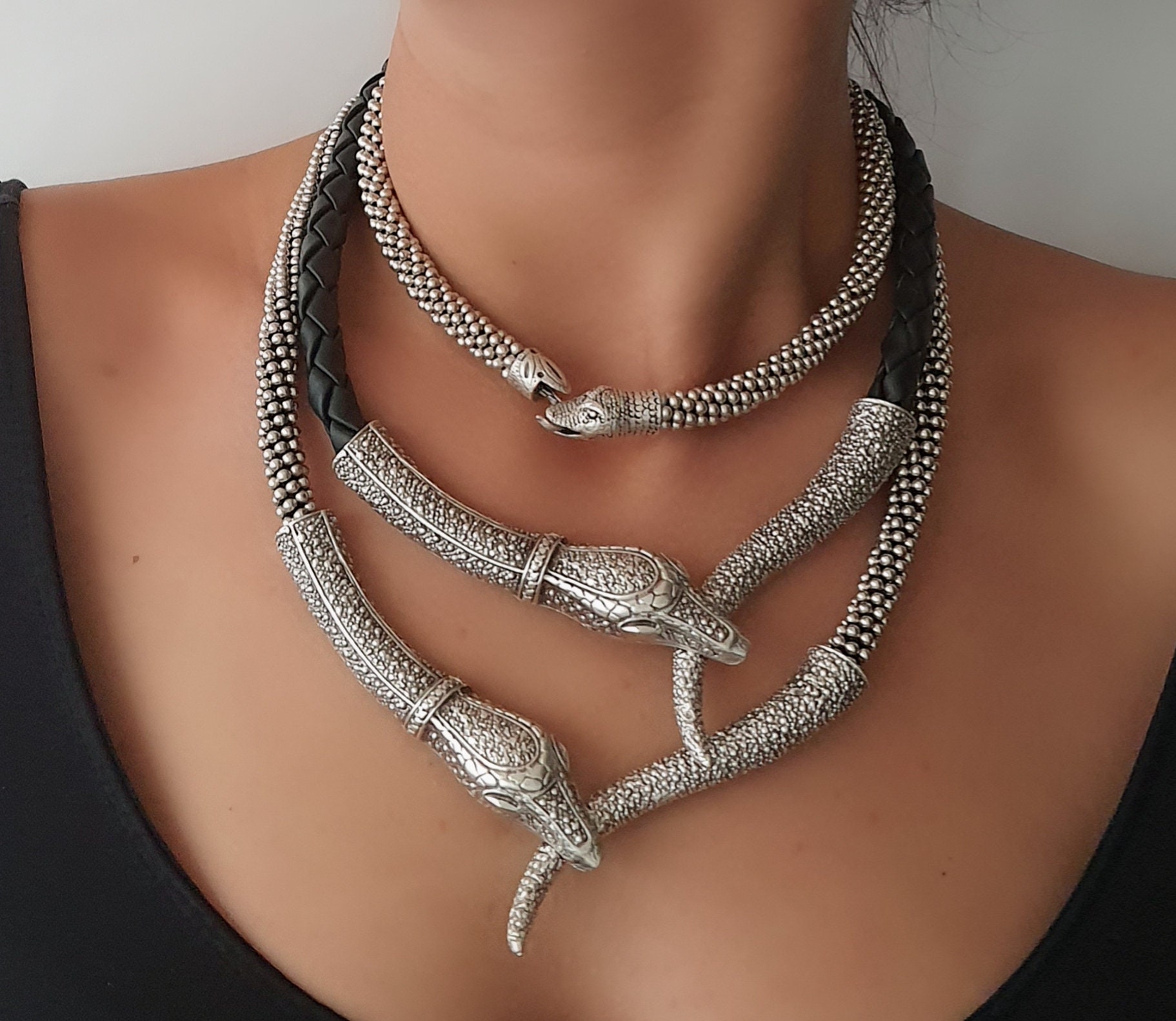 Andelaisi Collana Girocollo Serpente Stratificato Stile Boho - Ciondolo Serpente Punk In Lega Argento - Donna - copertina